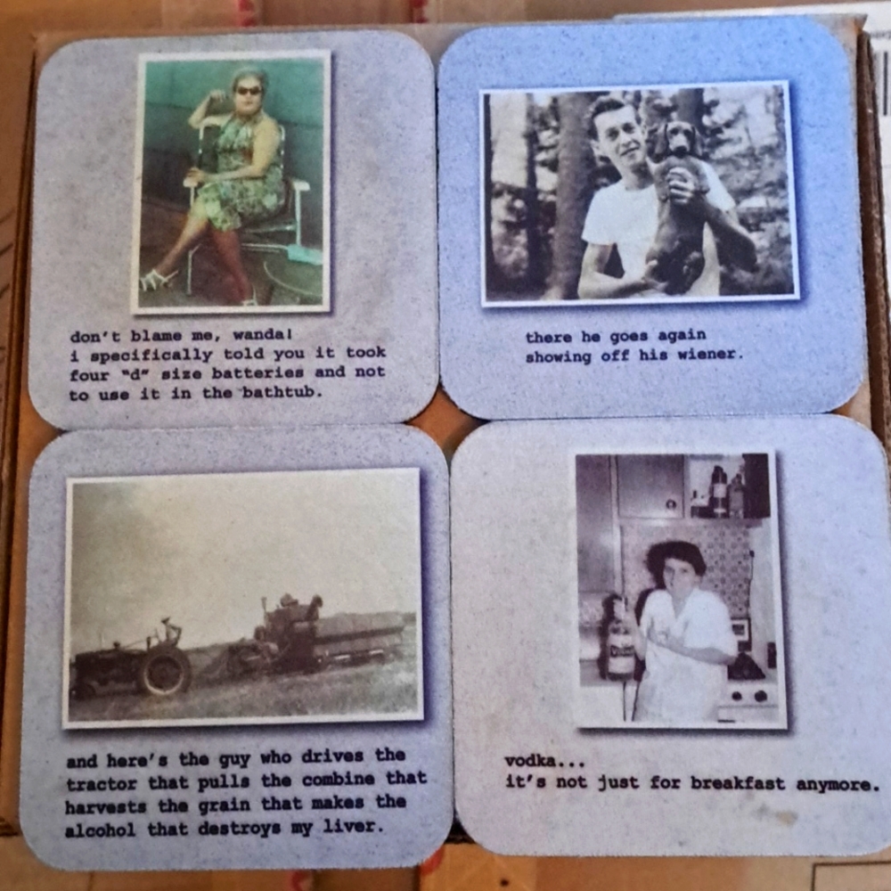 Set of 4 snarky funny coasters. Drinking, vodka, weiner, bathtub & liver.